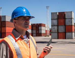 Worker using mobile device